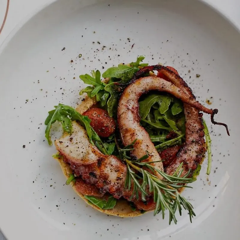 Grilled octopus over chickpea purée with arugula and cherry tomatoes